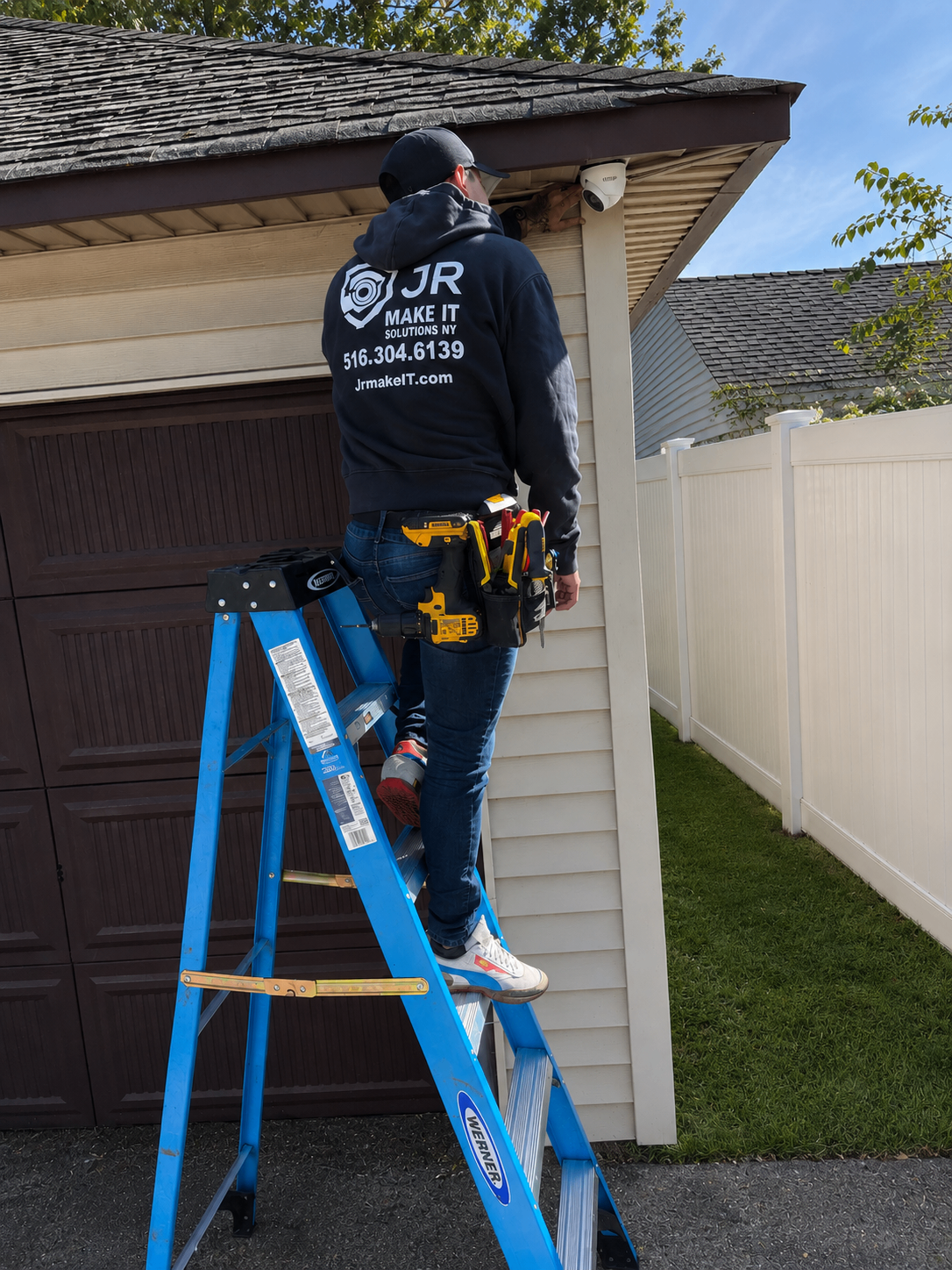 JR Make It Solutions technician installing a security camera on a Long Island, New York home
